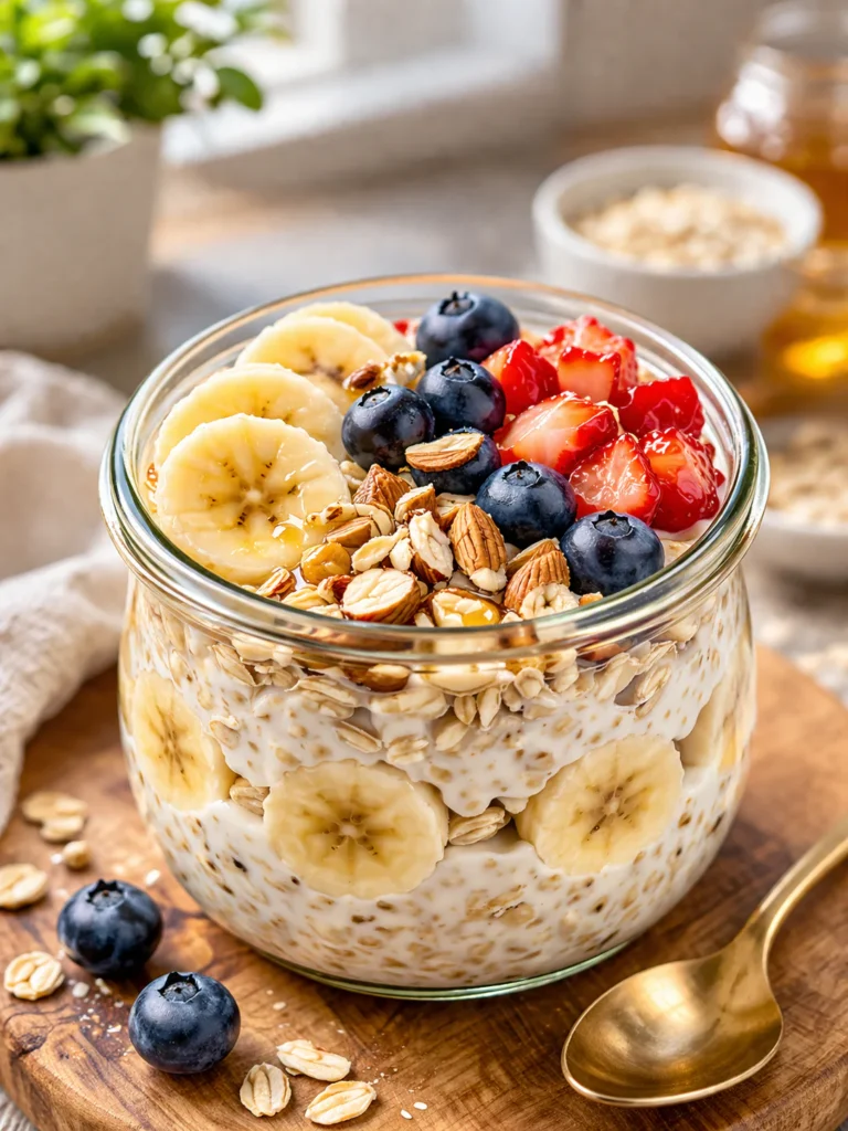 overnight oats with yogurt in small jar with fruit