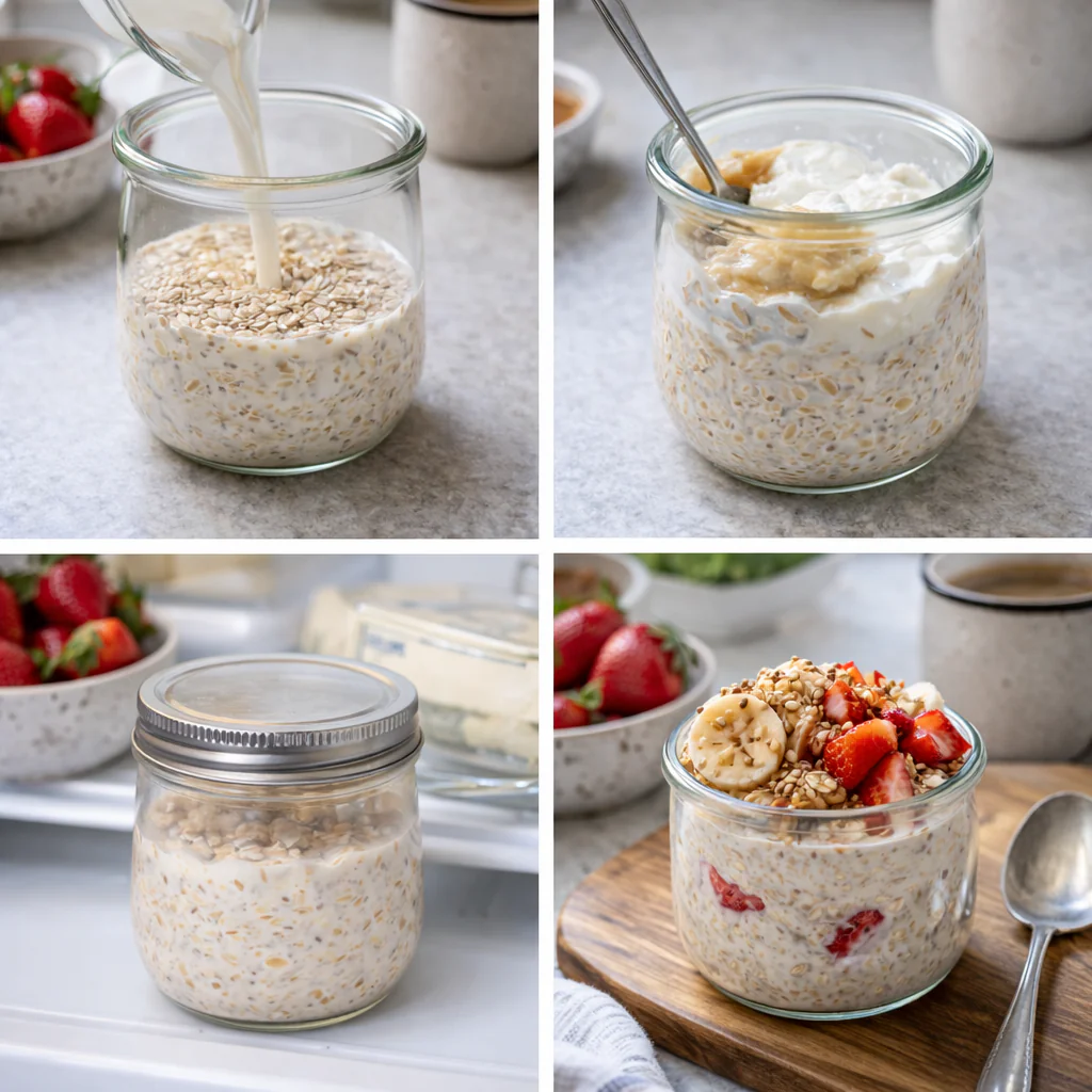 Jar being filled with oats milk and mashed banana before soaking