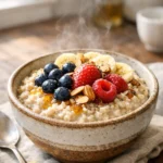 overnight steel cut oats with fruit in rustic bowl