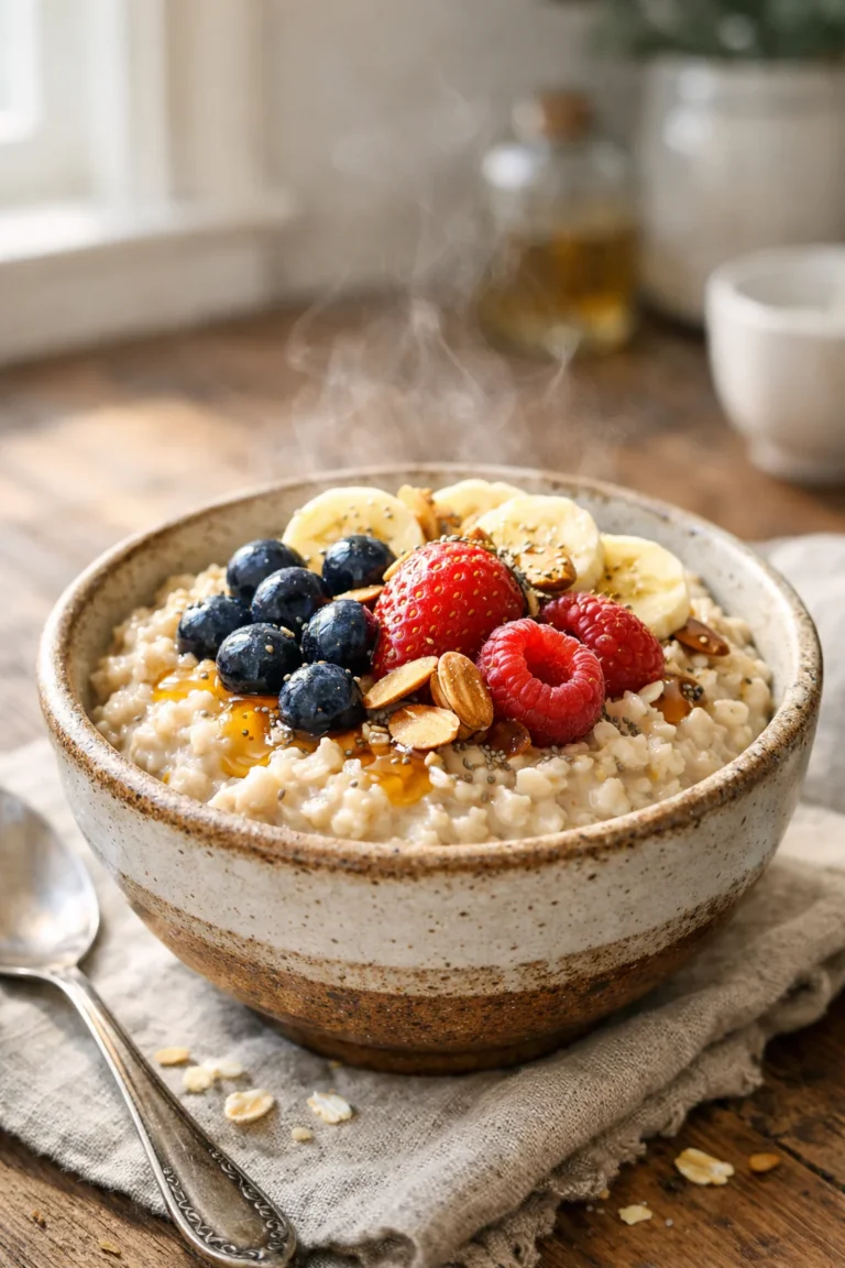 overnight steel cut oats with fruit in rustic bowl