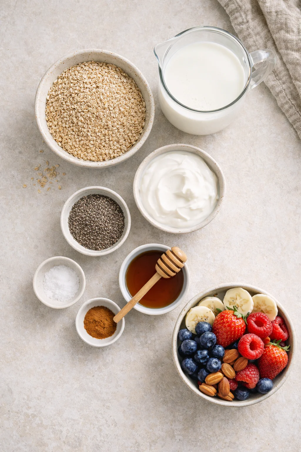 Bowls of ingredients for overnight steel cut oats