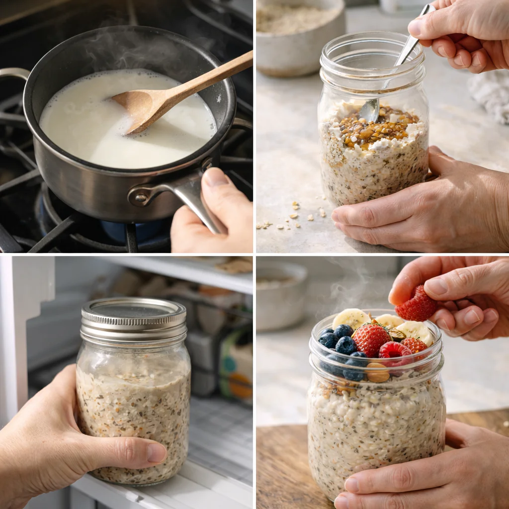 Spoon scooping creamy overnight steel cut oats