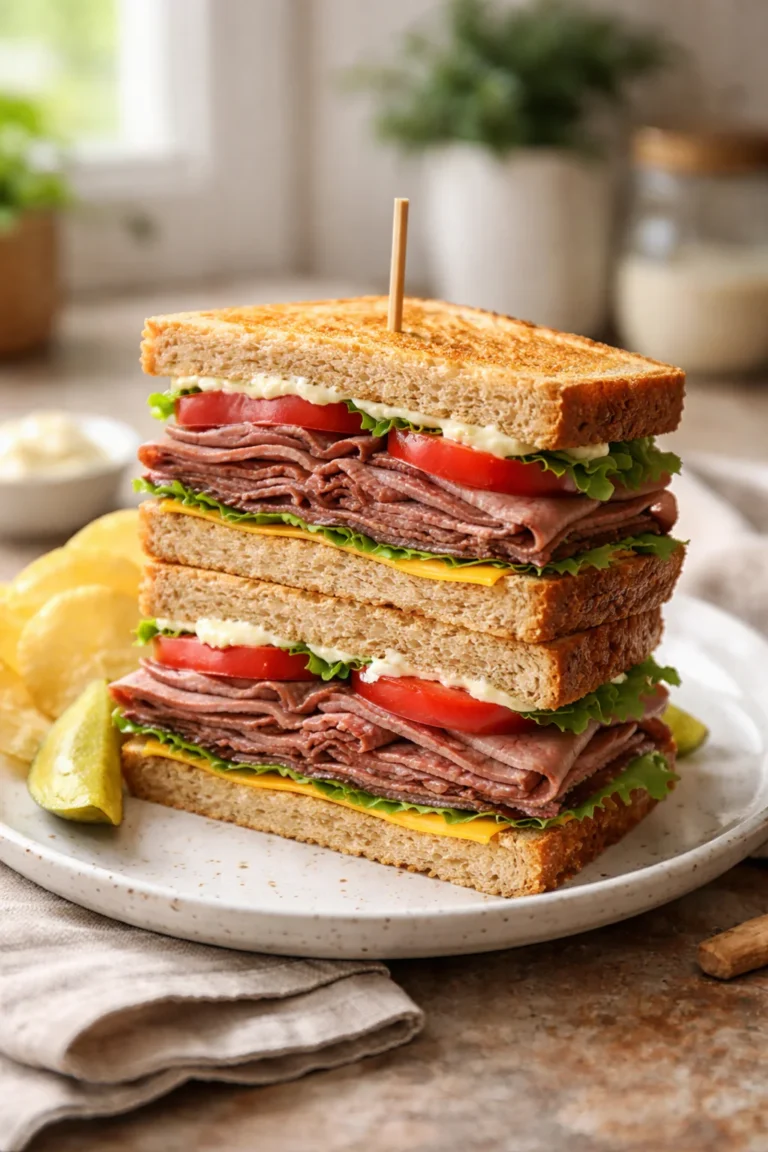 roast beef club sandwich layers on plate