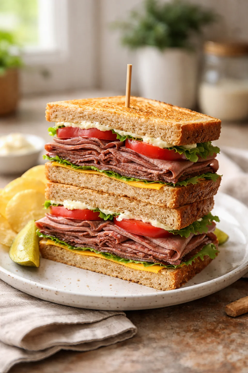 Roast beef club sandwich on a plate