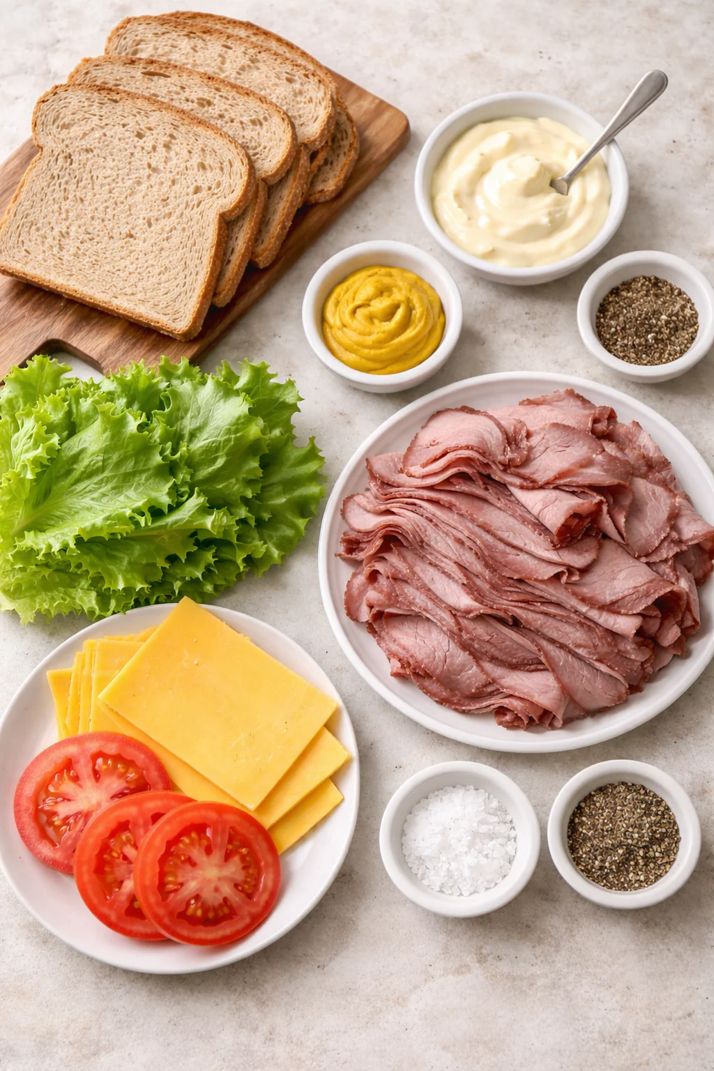 Ingredients for roast beef club sandwich on a surface