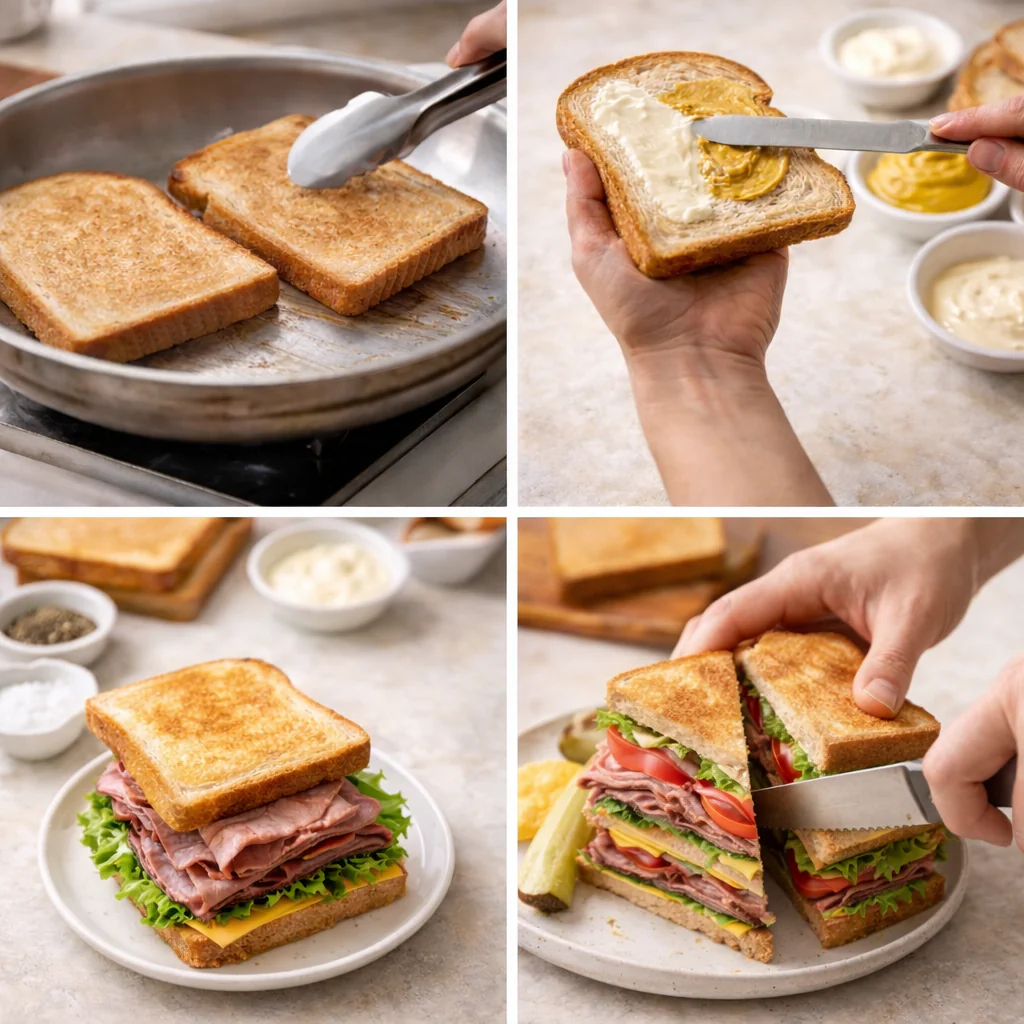 Step by step assembly of a roast beef club sandwich
