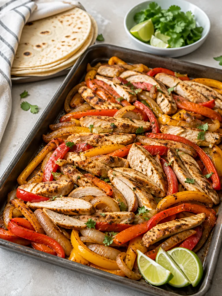 Sheet pan chicken fajitas with peppers, onions, lime, and tortillas.