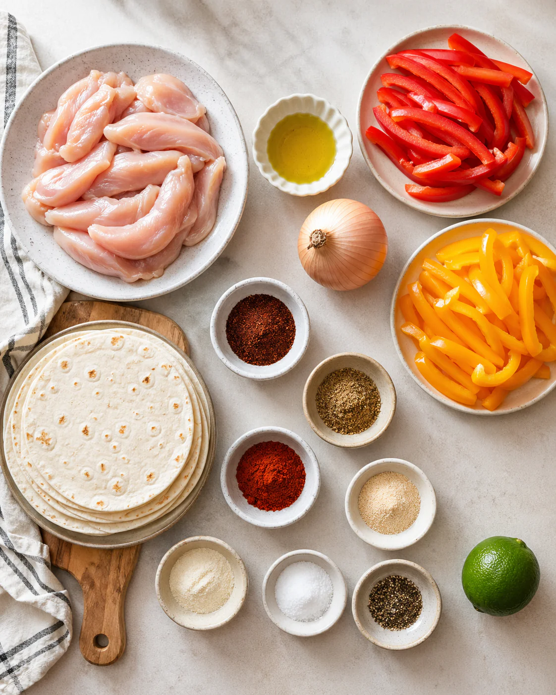 Ingredients for sheet pan chicken fajitas including chicken, peppers, onions, spices, and tortillas