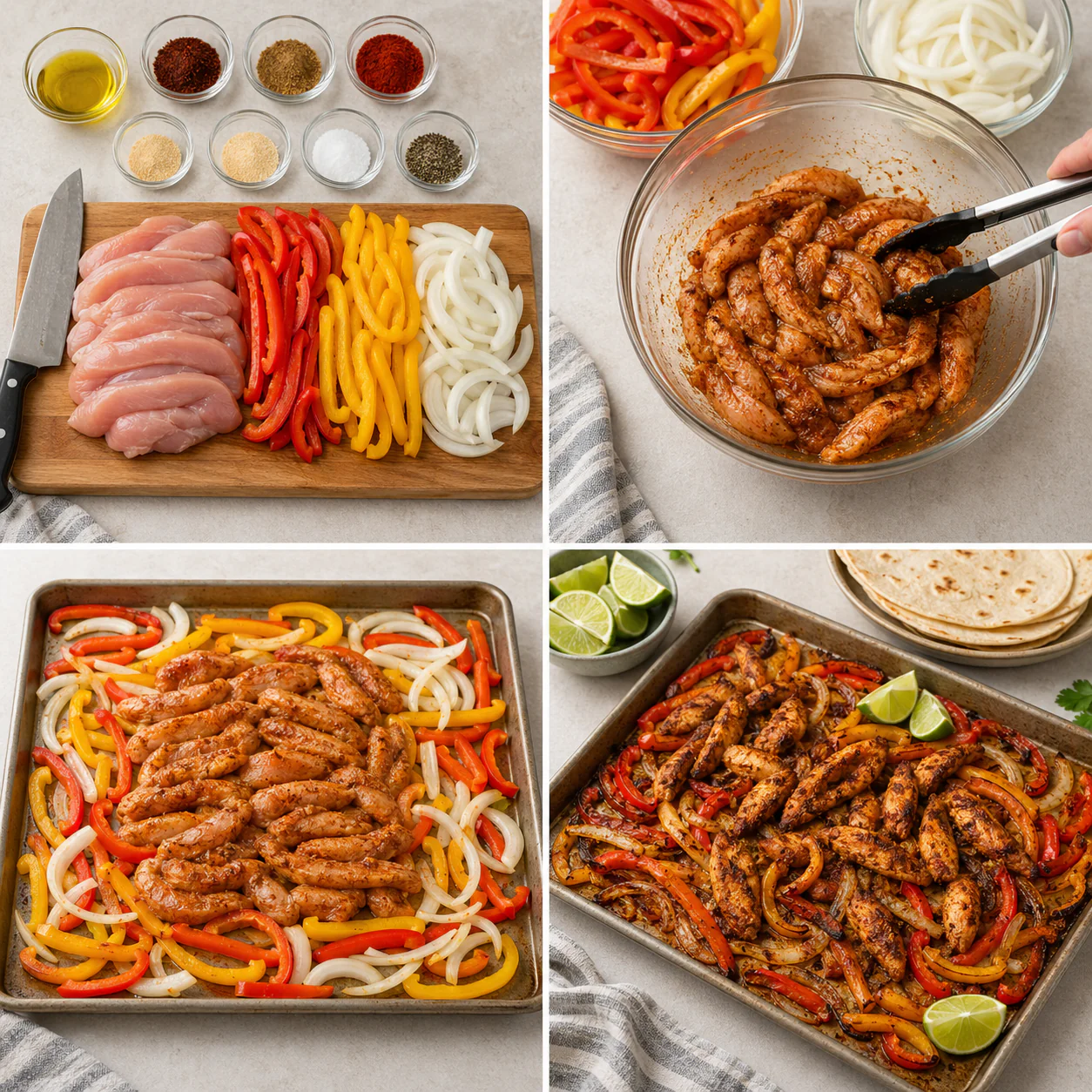 Sheet pan chicken fajitas being assembled and roasted in the oven