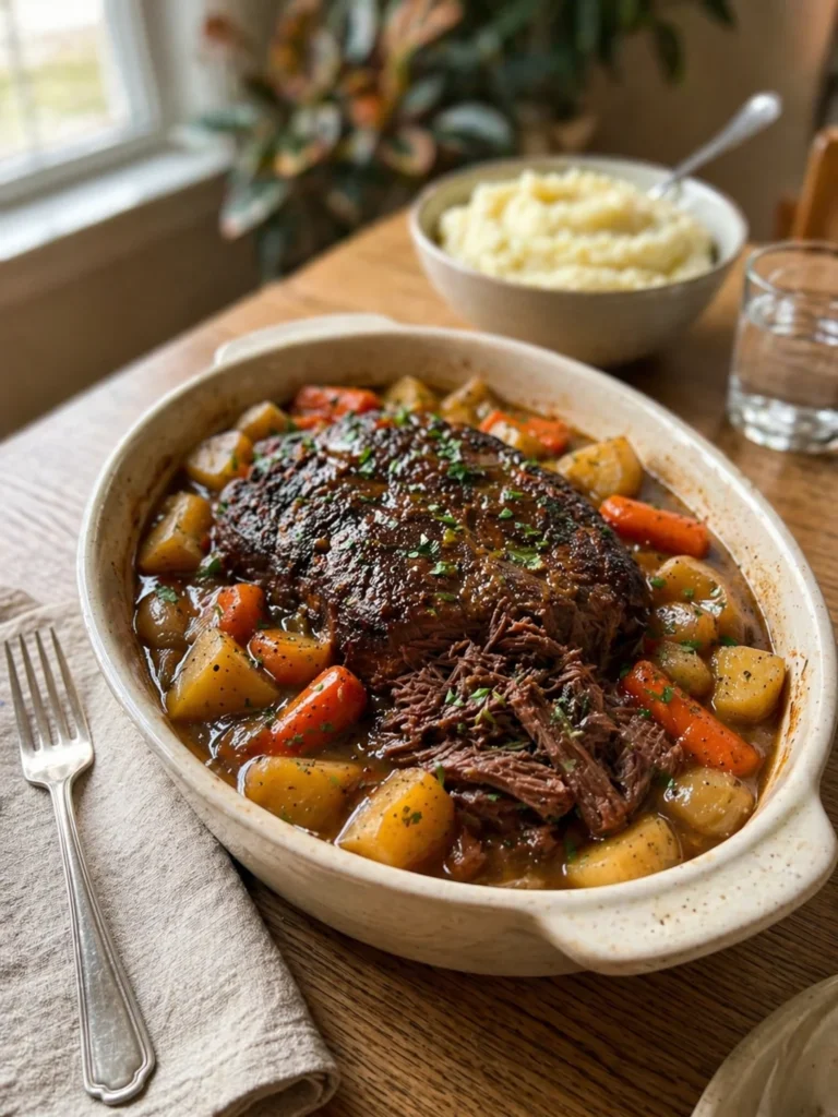 Slow cooker beef chuck roast with carrots, potatoes, onions, and gravy.