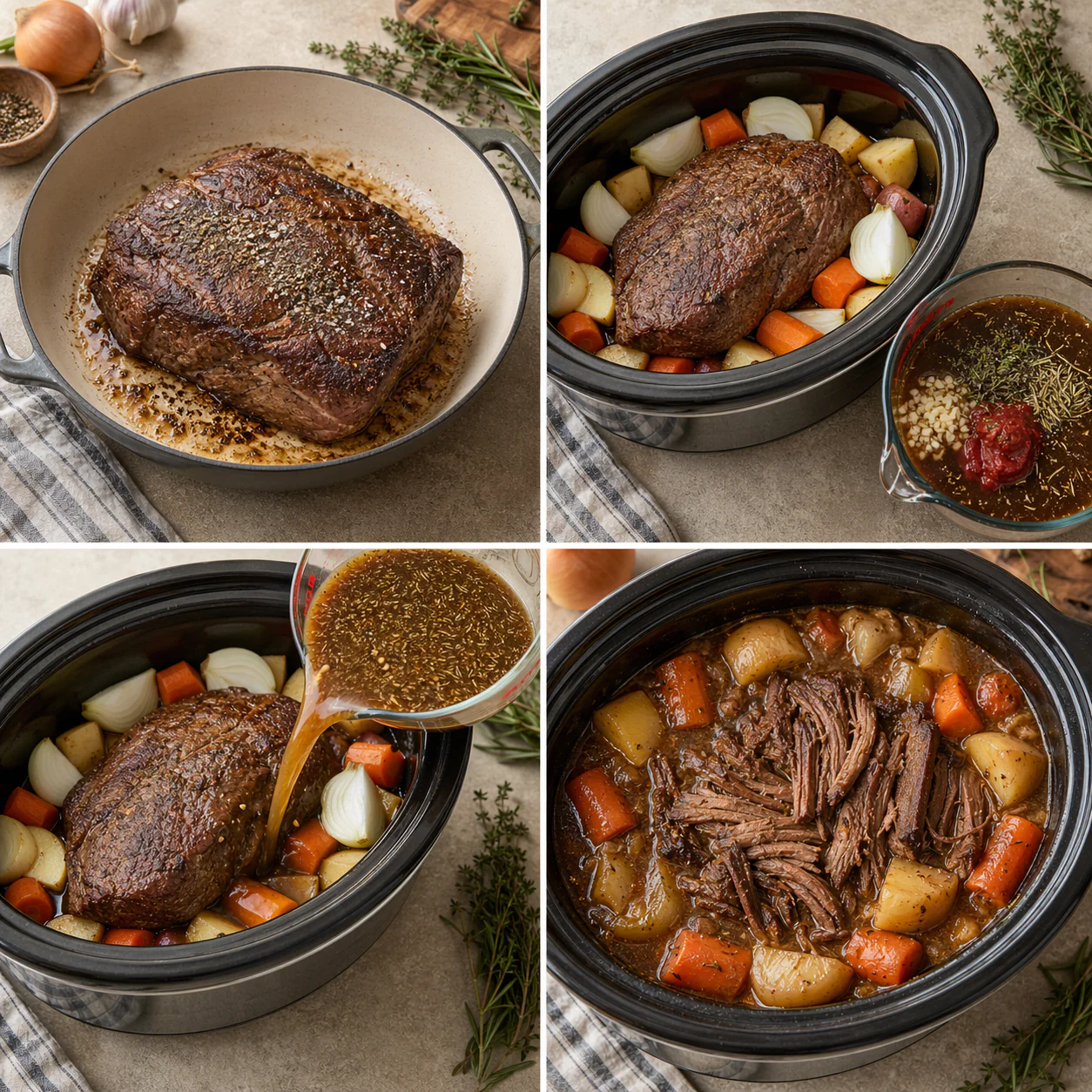 Beef chuck roast cooking in a slow cooker with vegetables