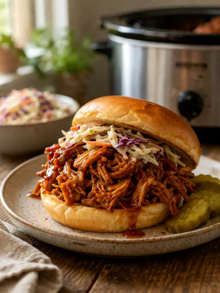 slow cooker pulled jackfruit sandwich in soft bun