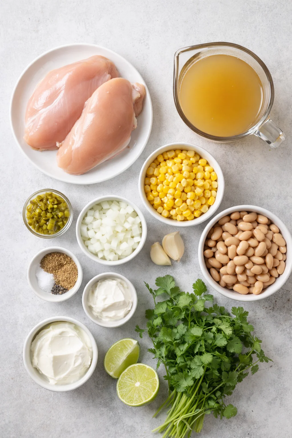 Ingredients for slow cooker white chicken chili laid out on a counter