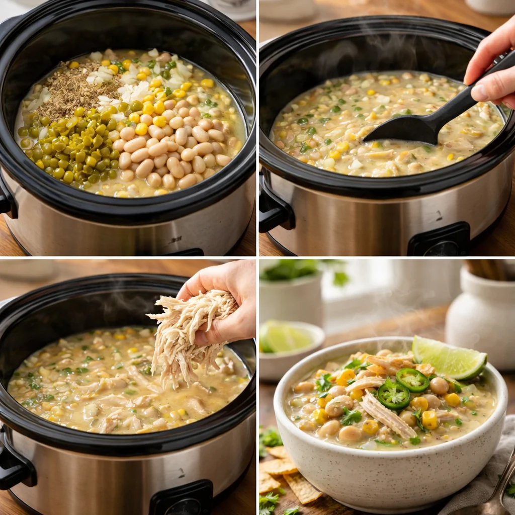 Slow cooker with white chicken chili cooking inside