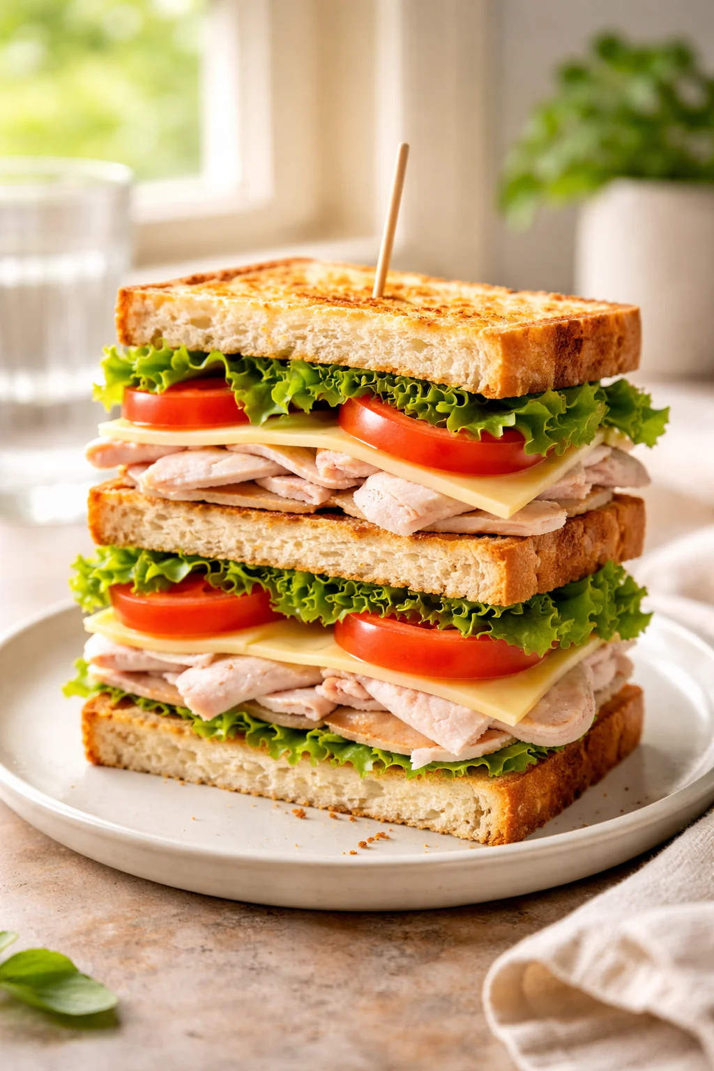 Triple decker club sandwich on a plate with lettuce and tomato