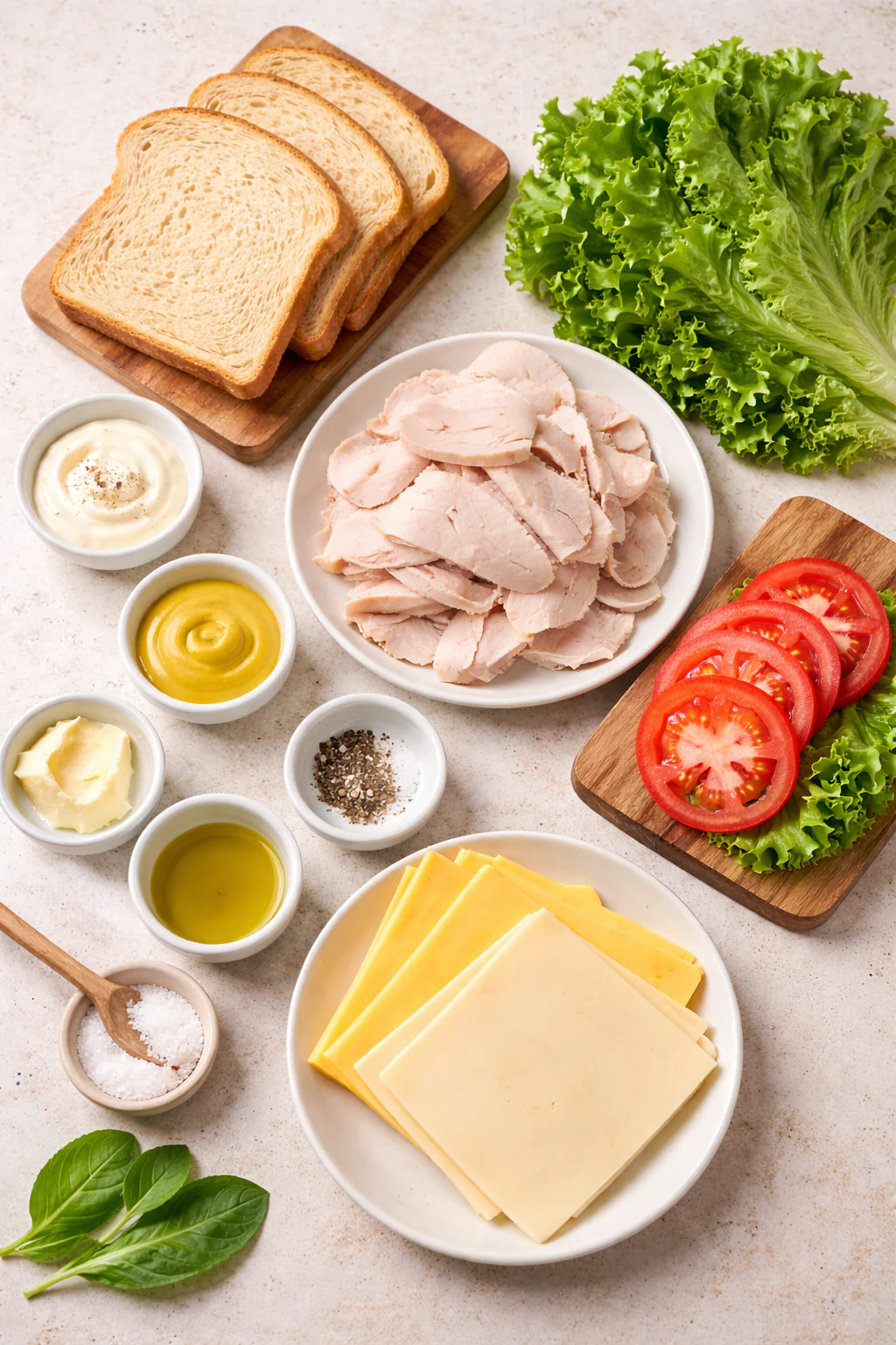 Ingredients for a triple decker club sandwich laid out on a board