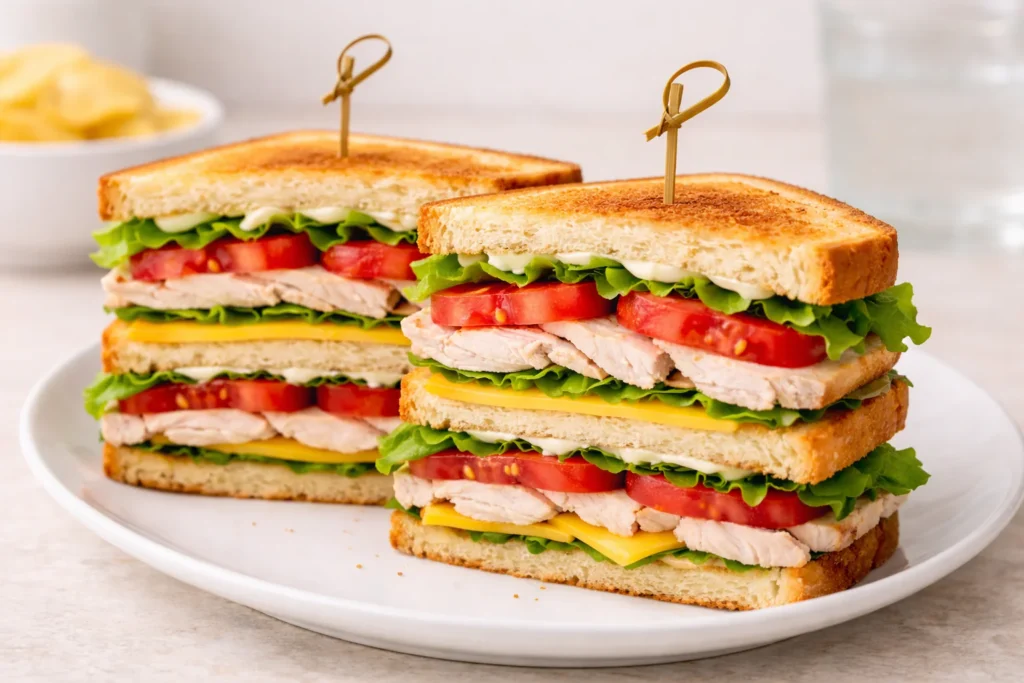 Finished triple-decker club sandwich cut into triangles with visible layered cross-section