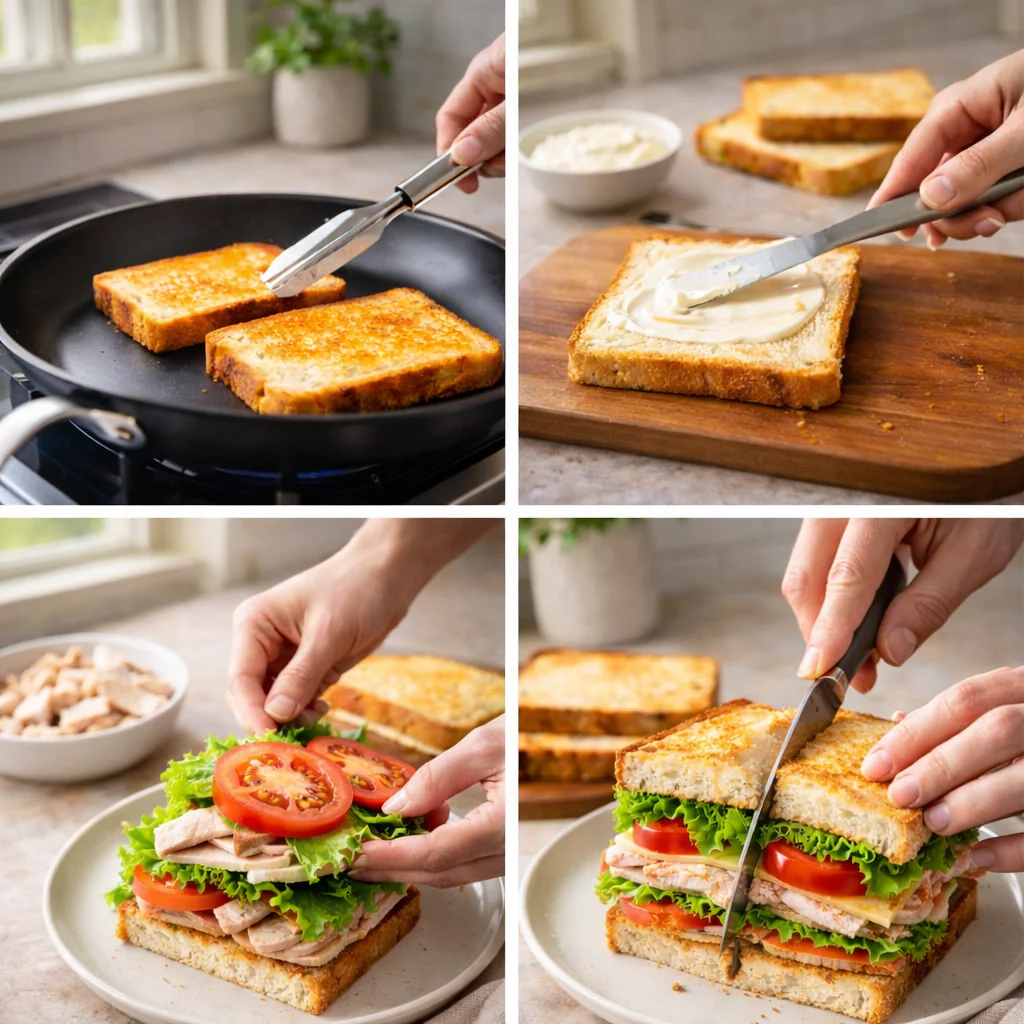 Step by step assembly of a triple decker club sandwich