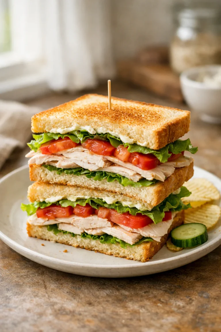 turkey club sandwich layers toasted bread turkey lettuce tomato