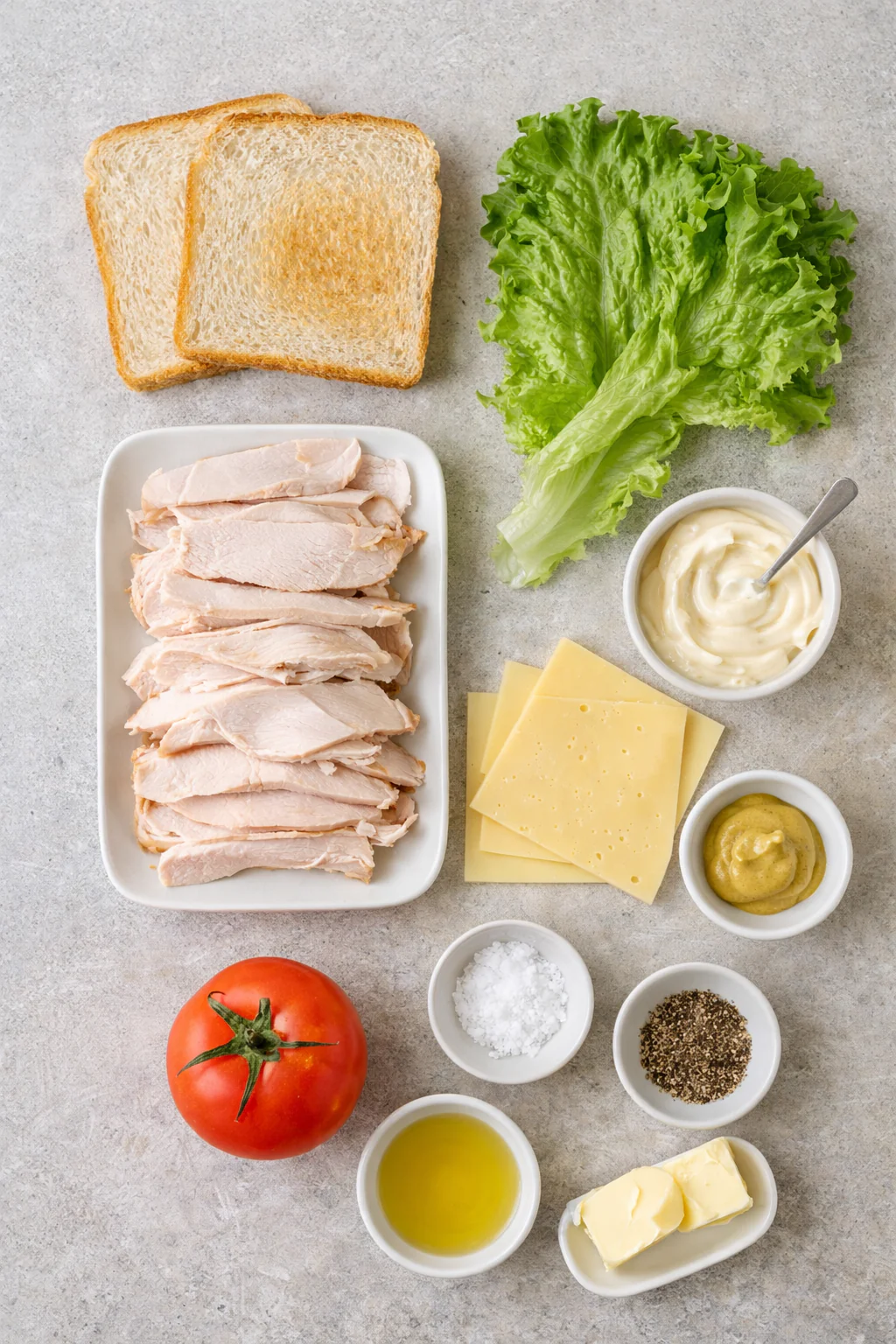 Ingredients for turkey club sandwich laid out on a table