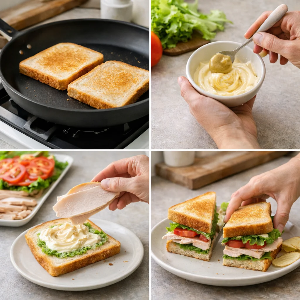 Hands assembling a turkey club sandwich on toast