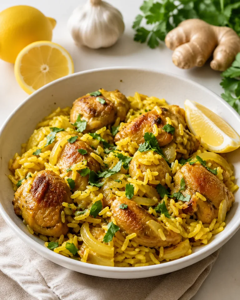 Turmeric chicken and rice with lemon and parsley