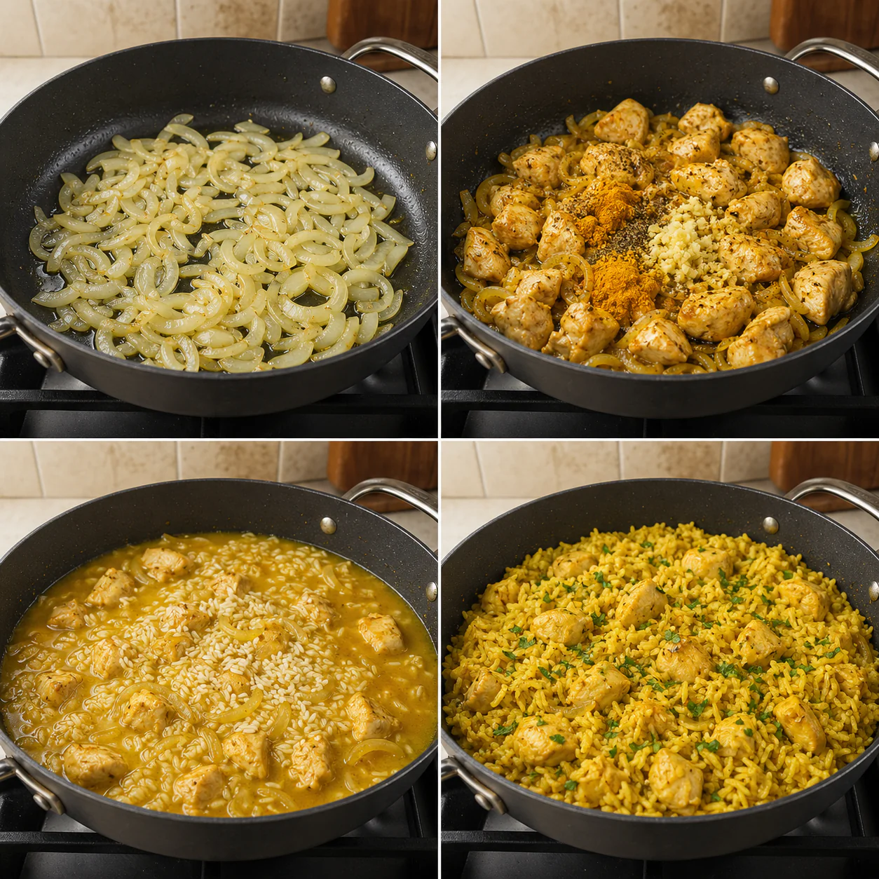 Step by step cooking process for turmeric chicken and rice