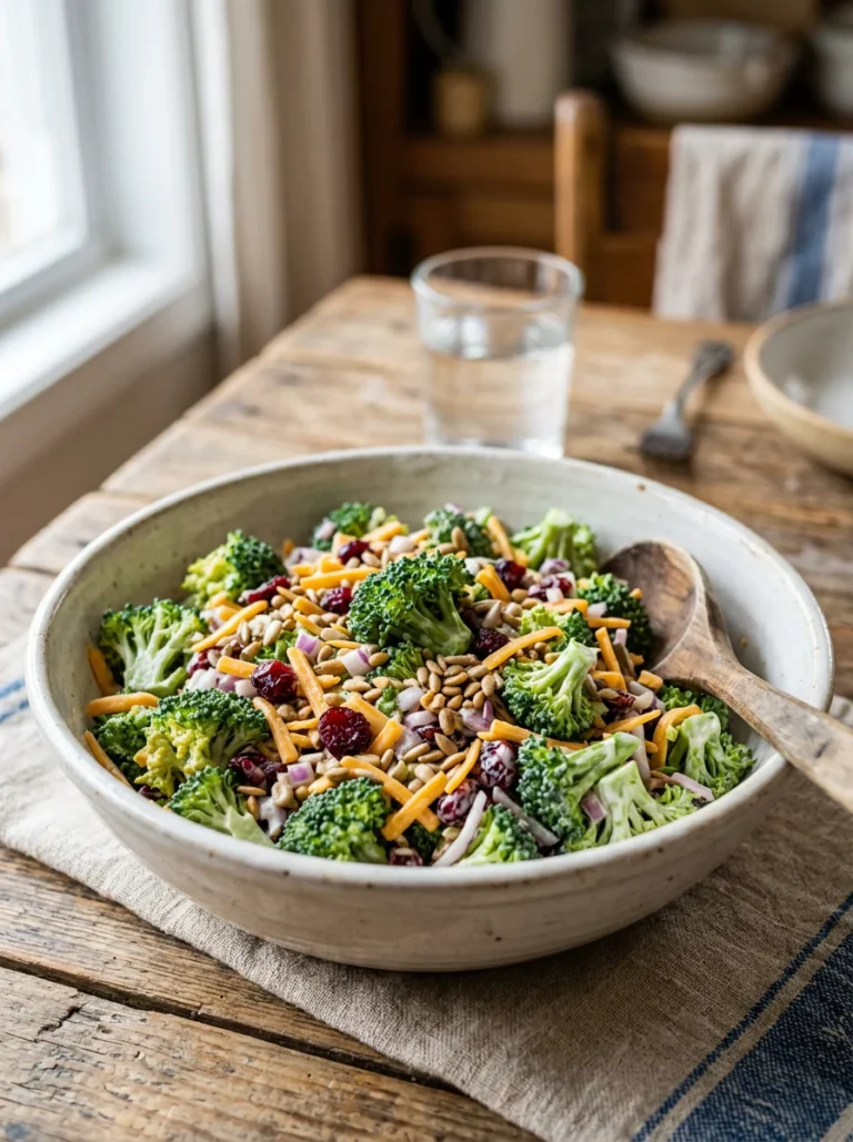 Broccoli salad without bacon with broccoli, cheddar, cranberries, sunflower seeds, and creamy dressing.