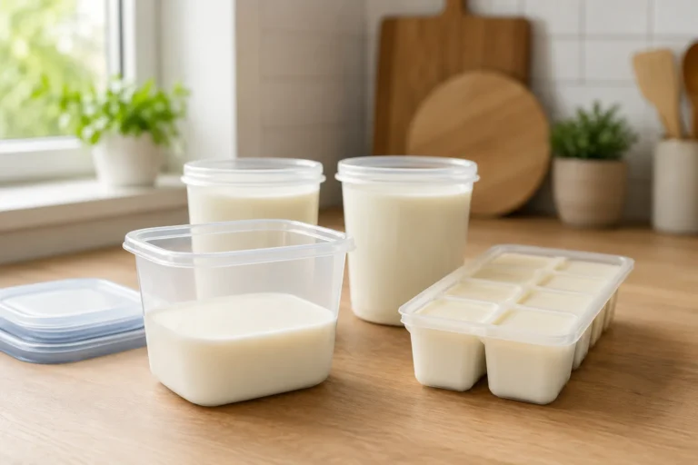 Milk in freezer-safe containers with space left for expansion before freezing