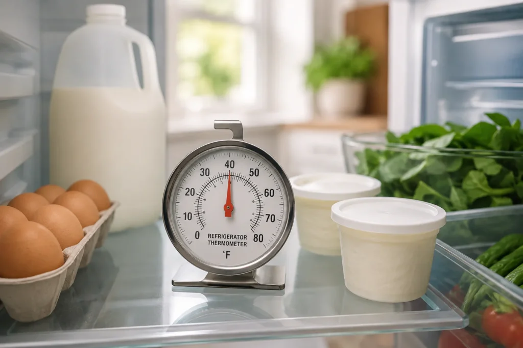 How Long Does Food Last in the Fridge Without Power? 2 Appliance thermometer inside a refrigerator showing safe fridge temperature after power outage
