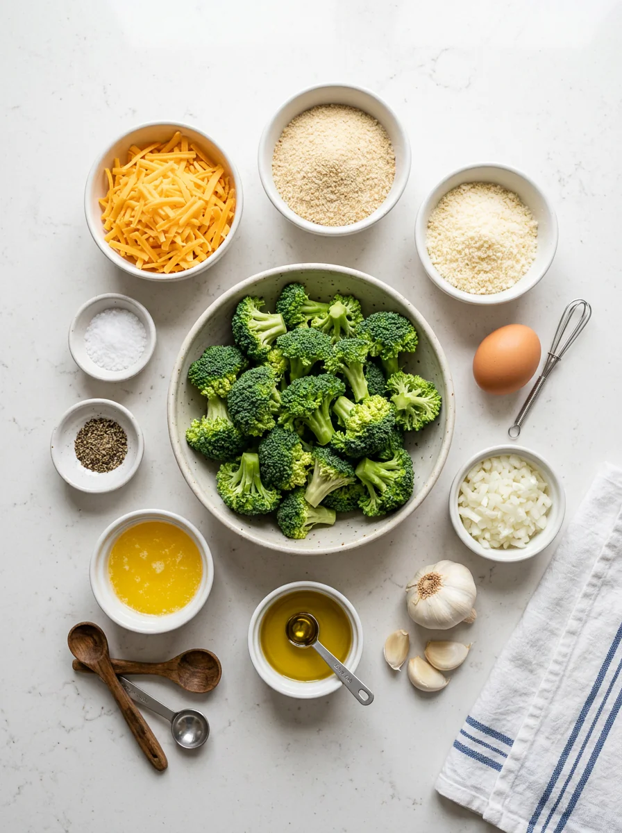 Ingredients for cheesy broccoli bites laid out for a small batch recipe