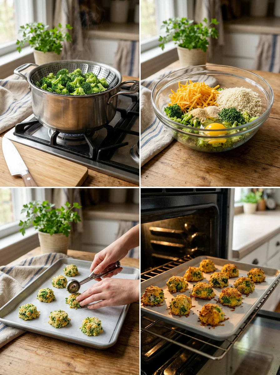 Cheesy broccoli bites baking on a tray until golden