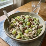 Chicken salad with grapes and pecans, with shredded chicken, celery, and creamy dressing.