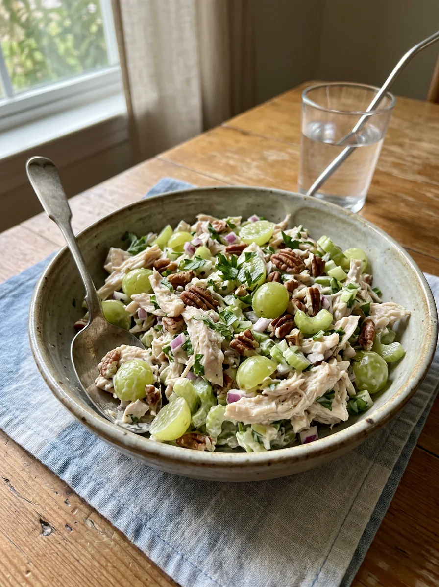 Chicken salad with grapes and pecans served in a bowl