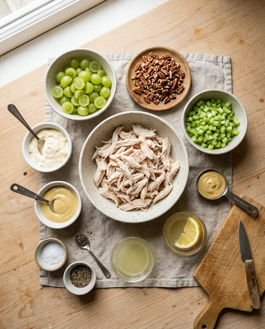 Ingredients for chicken salad with grapes and pecans