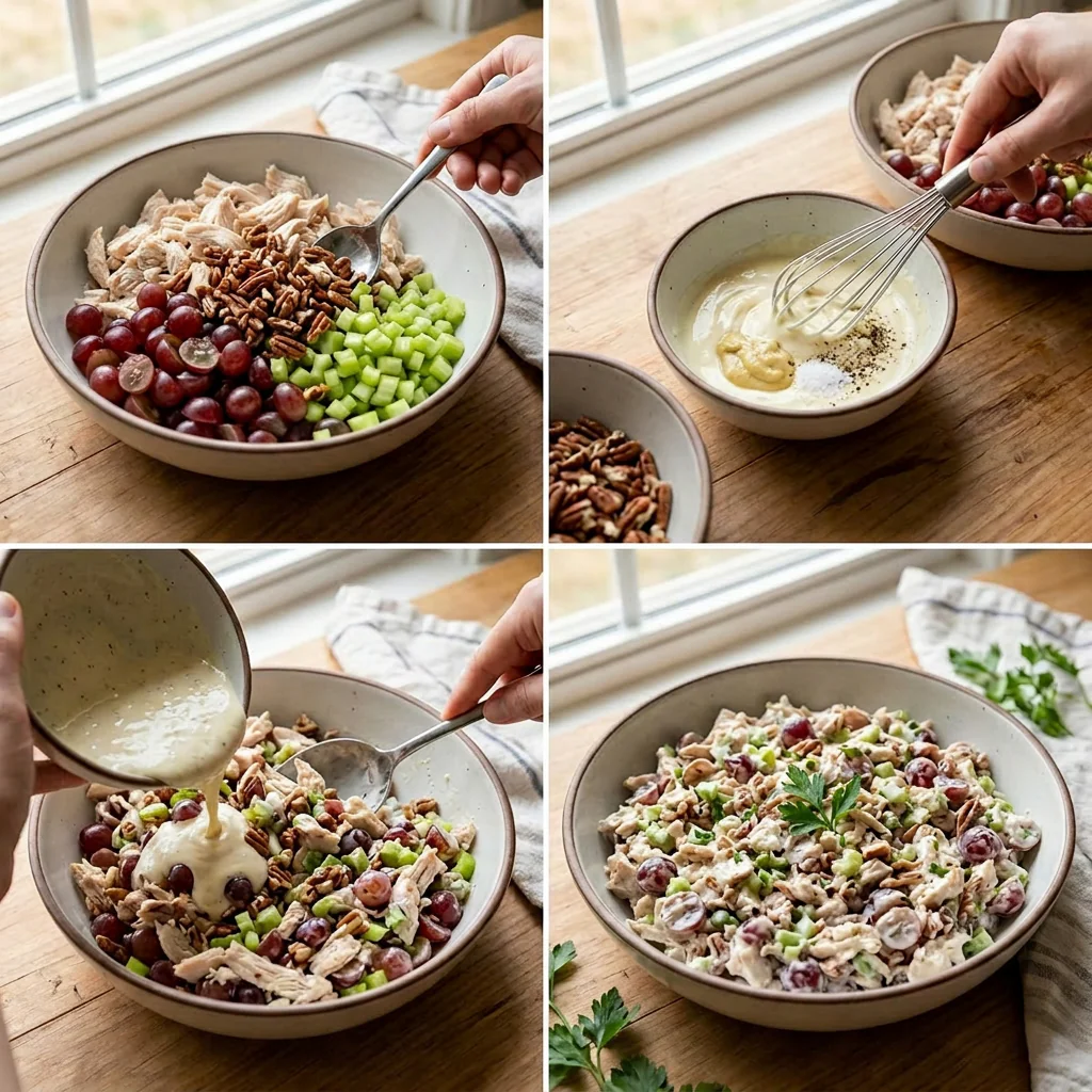 Step-by-step preparation of chicken salad with grapes and pecans