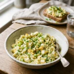 Step-by-step classic egg salad with boiled eggs, chopped eggs, dressing, and finished salad.