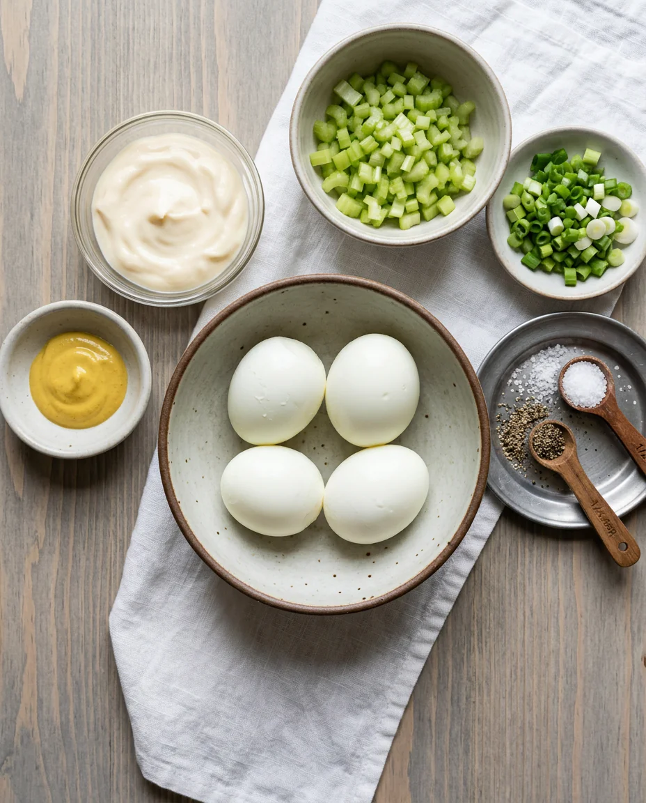Ingredients for classic egg salad on a kitchen counter