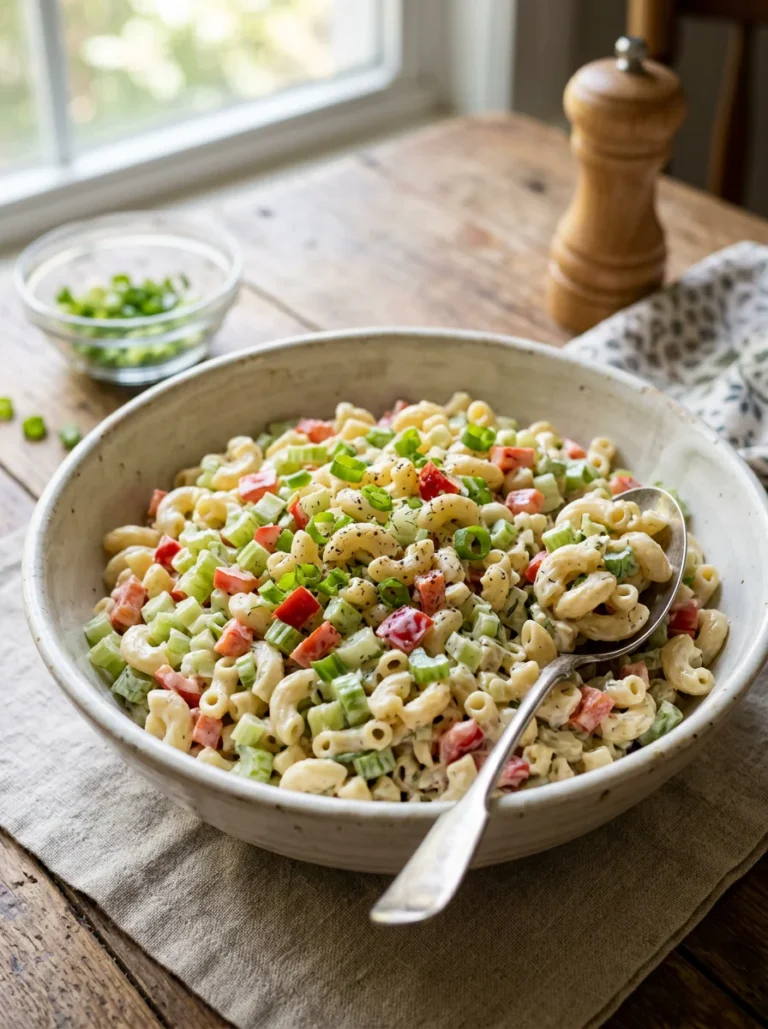 Classic macaroni salad with elbow macaroni, creamy dressing, celery, red bell pepper, and green onion.