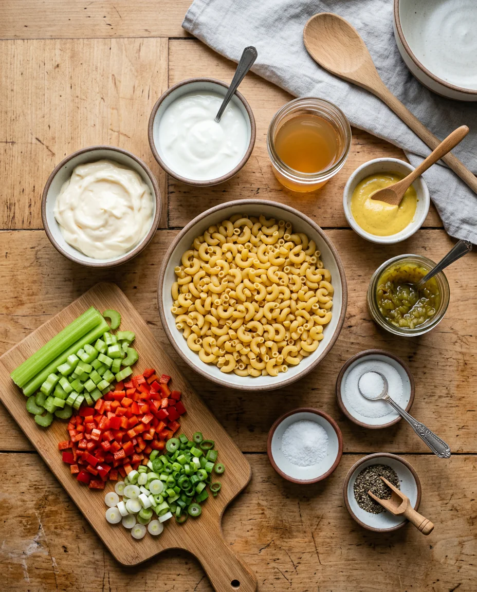 Ingredients for classic macaroni salad arranged for a small batch recipe