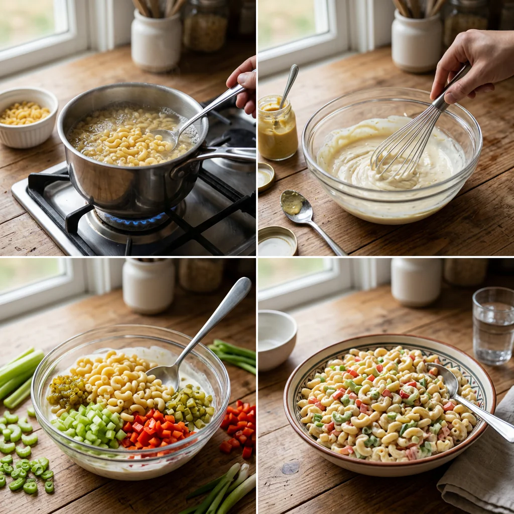 Step by step preparation of classic macaroni salad in a home kitchen