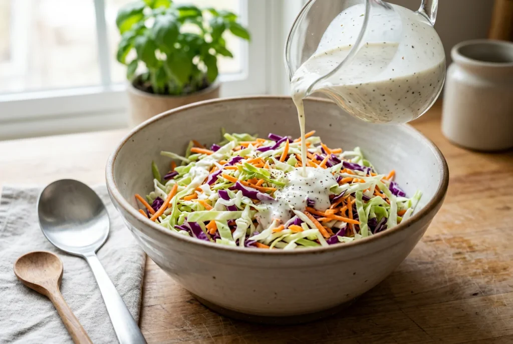 Homemade Coleslaw Dressing (Creamy or Vinegar Based, Ready in 5 Minutes) 5 Homemade coleslaw dressing poured over shredded cabbage and carrots