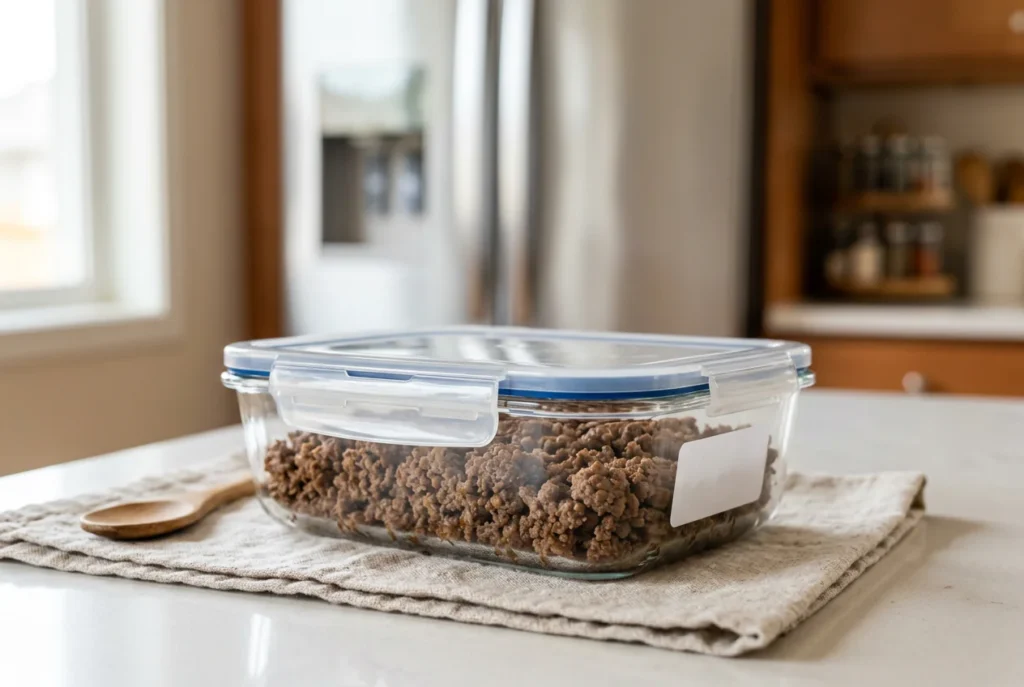 Cooked ground beef in an airtight container for safe fridge storage