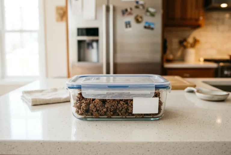 Cooked ground beef stored in an airtight container in the fridge