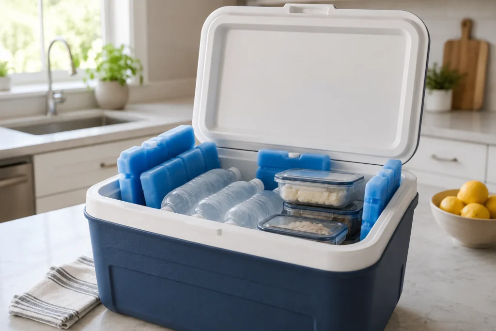 How Long Does Food Last in the Fridge Without Power? 6 Cooler with ice packs ready to protect food during a power outage
