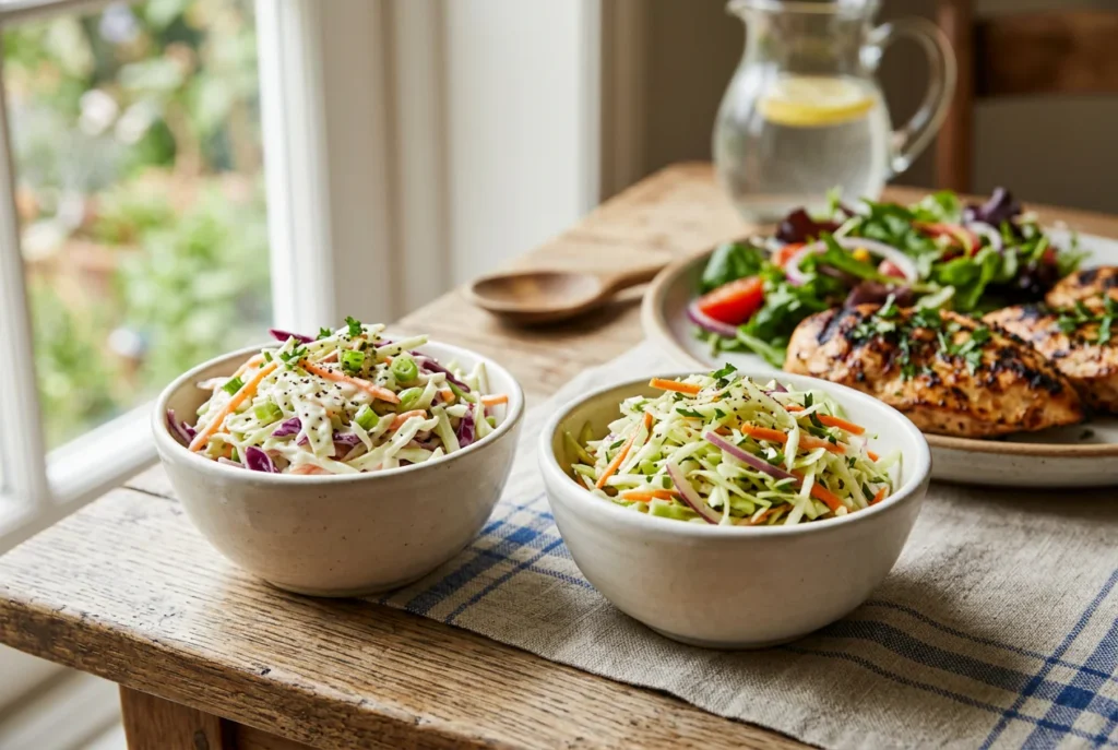 Homemade Coleslaw Dressing (Creamy or Vinegar Based, Ready in 5 Minutes) 6 Creamy coleslaw and vinegar coleslaw served side by side