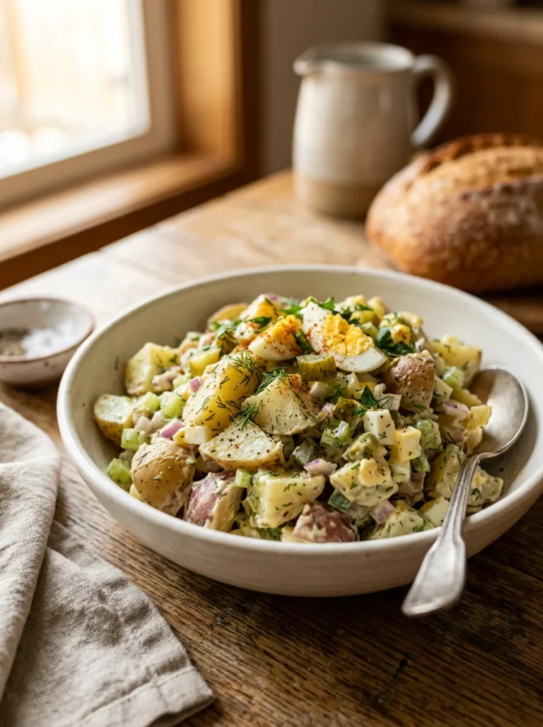 Creamy potato salad with potatoes, mayo dressing, celery, onion, pickle, egg, and parsley.