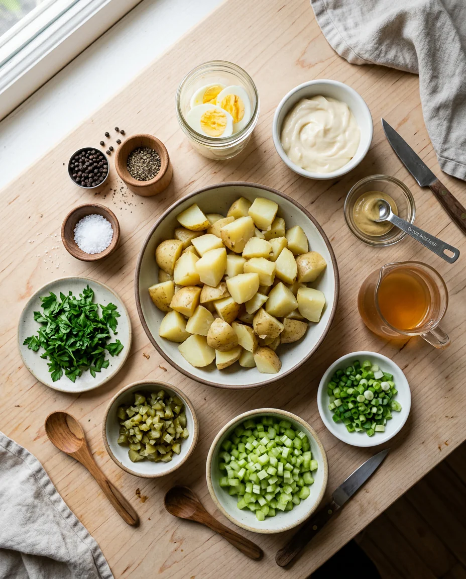 Ingredients for creamy potato salad on a simple prep surface