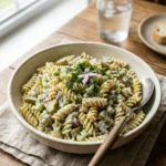 Dill pickle pasta salad with rotini, chopped pickles, creamy dressing, dill, and red onion.