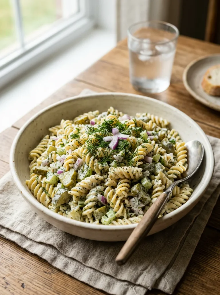 Dill pickle pasta salad with rotini, chopped pickles, creamy dressing, dill, and red onion.